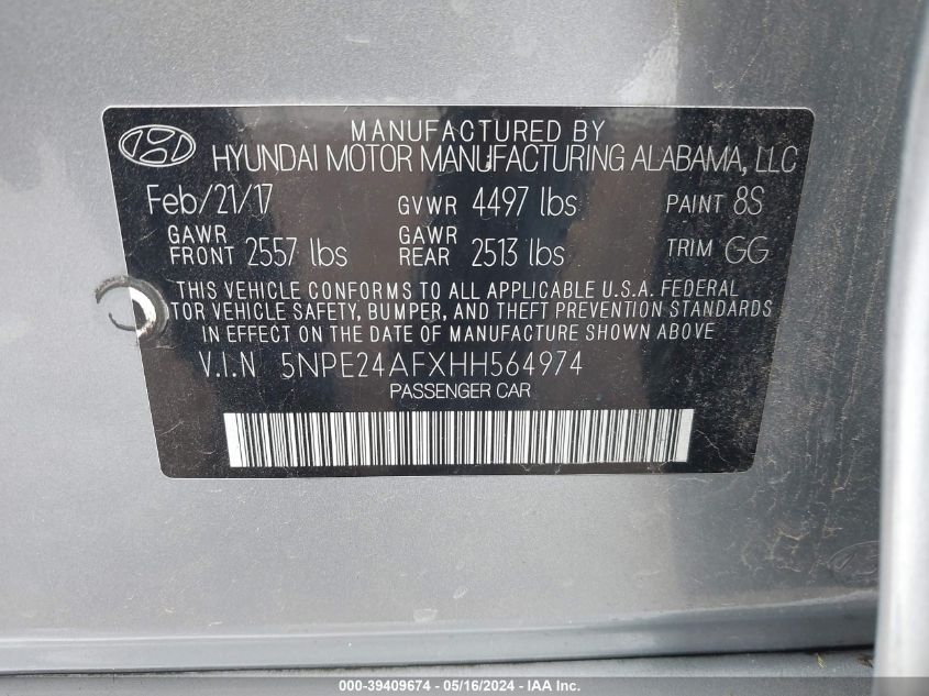 2017 Hyundai Sonata Se VIN: 5NPE24AFXHH564974 Lot: 39409674