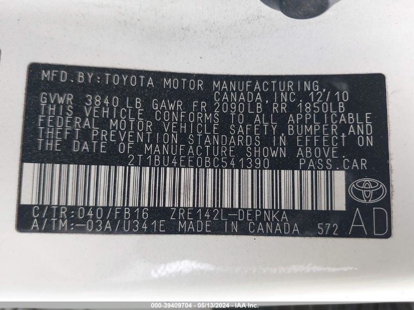 2011 Toyota Corolla Le VIN: 2T1BU4EE0BC541390 Lot: 39409704