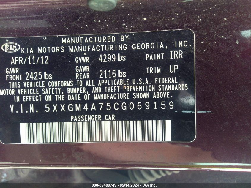 2012 Kia Optima Lx VIN: 5XXGM4A75CG069159 Lot: 39409749