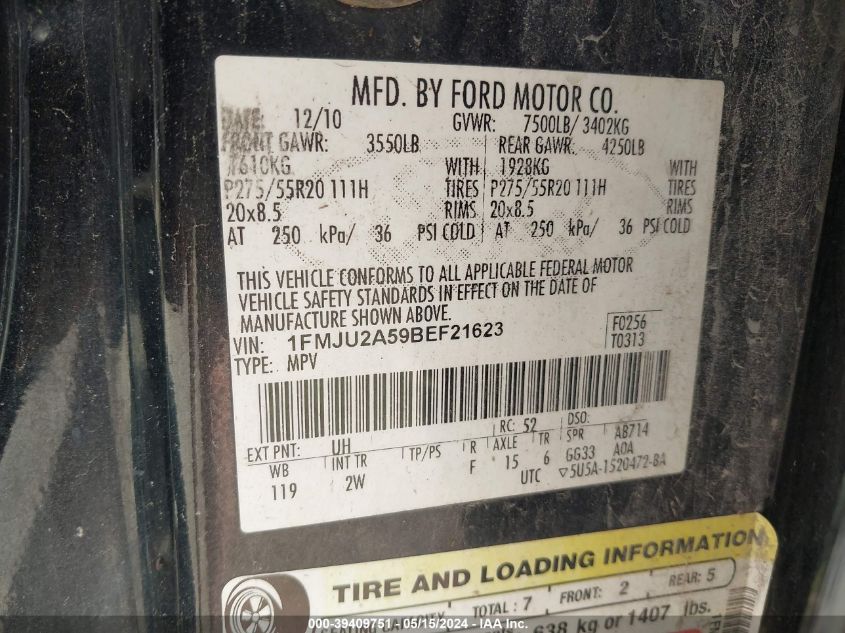 2011 Ford Expedition Limited VIN: 1FMJU2A59BEF21623 Lot: 39409751