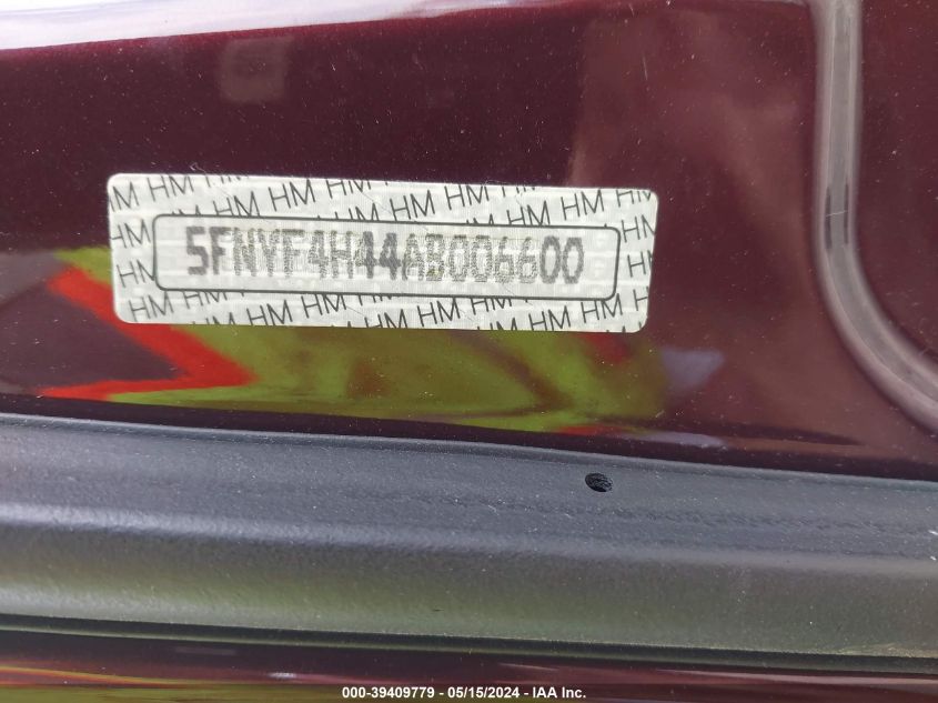 2010 Honda Pilot Ex VIN: 5FNYF4H44AB006600 Lot: 39409779