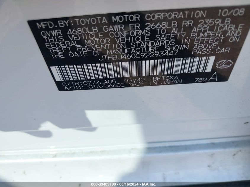 2009 Lexus Es 350 VIN: JTHBJ46G092293447 Lot: 39409790