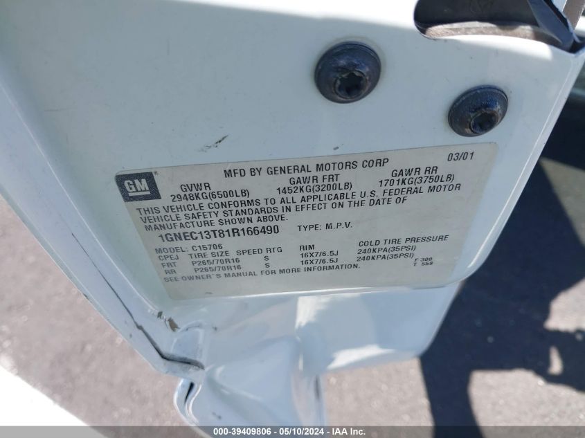 2001 Chevrolet Tahoe Lt VIN: 1GNEC13T81R166490 Lot: 39409806