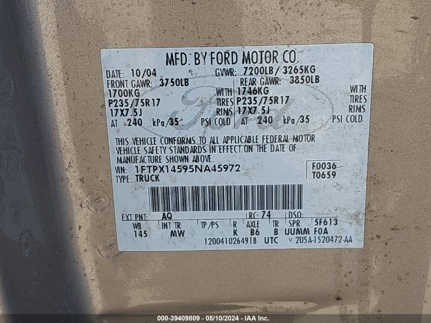 2005 Ford F-150 Fx4/Lariat/Xl/Xlt VIN: 1FTPX14595NA45972 Lot: 39409809
