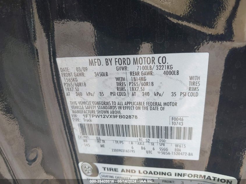 2009 Ford F-150 King Ranch/Lariat/Platinum/Xl/Xlt VIN: 1FTPW12VX9FB02878 Lot: 39409816