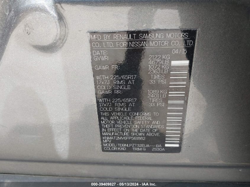 2015 Nissan Rogue S VIN: KNMAT2MV6FP561882 Lot: 39409827