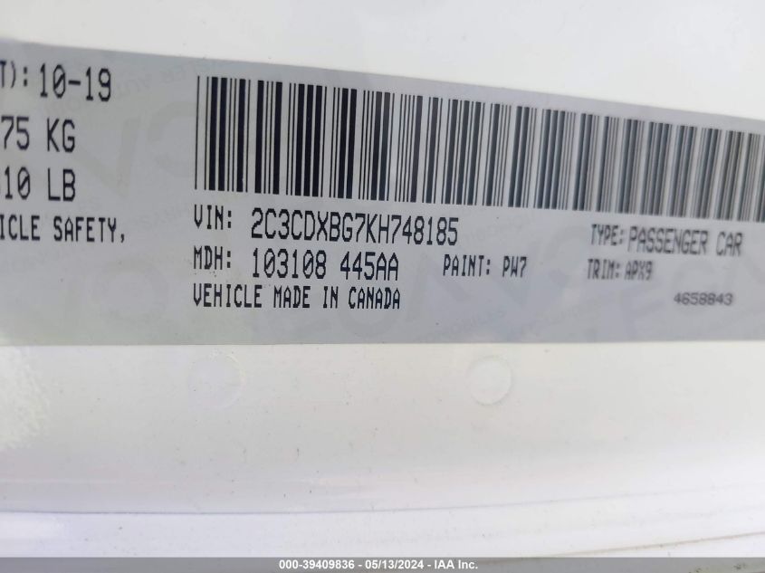 2019 Dodge Charger Sxt Rwd VIN: 2C3CDXBG7KH748185 Lot: 39409836