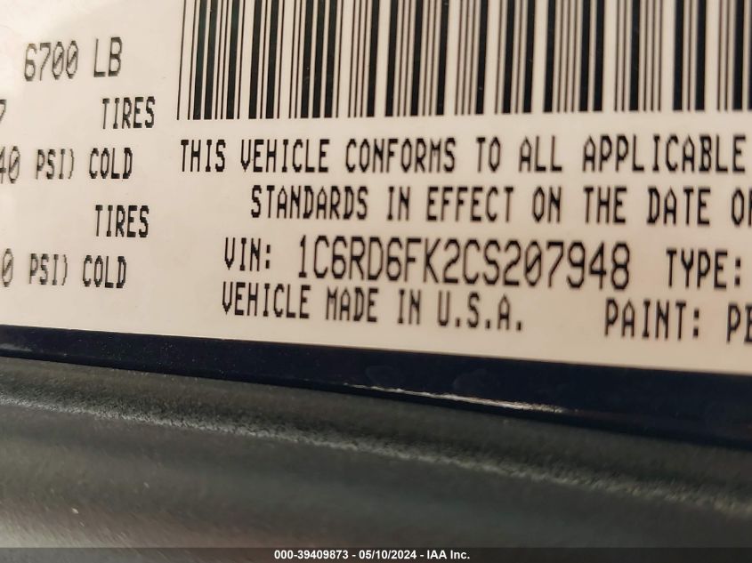 2012 Ram 1500 St VIN: 1C6RD6FK2CS207948 Lot: 39409873