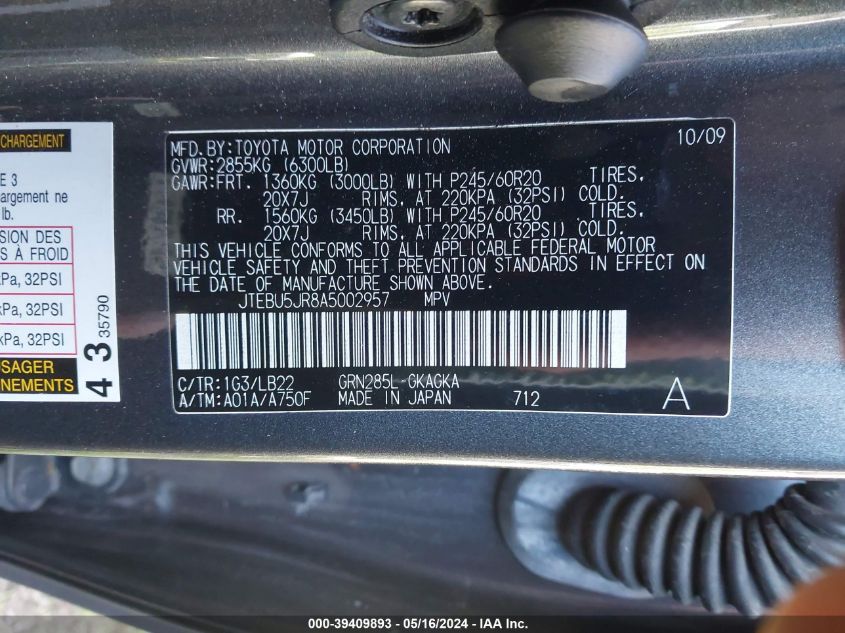 2010 Toyota 4Runner Limited V6 VIN: JTEBU5JR8A5002957 Lot: 39409893