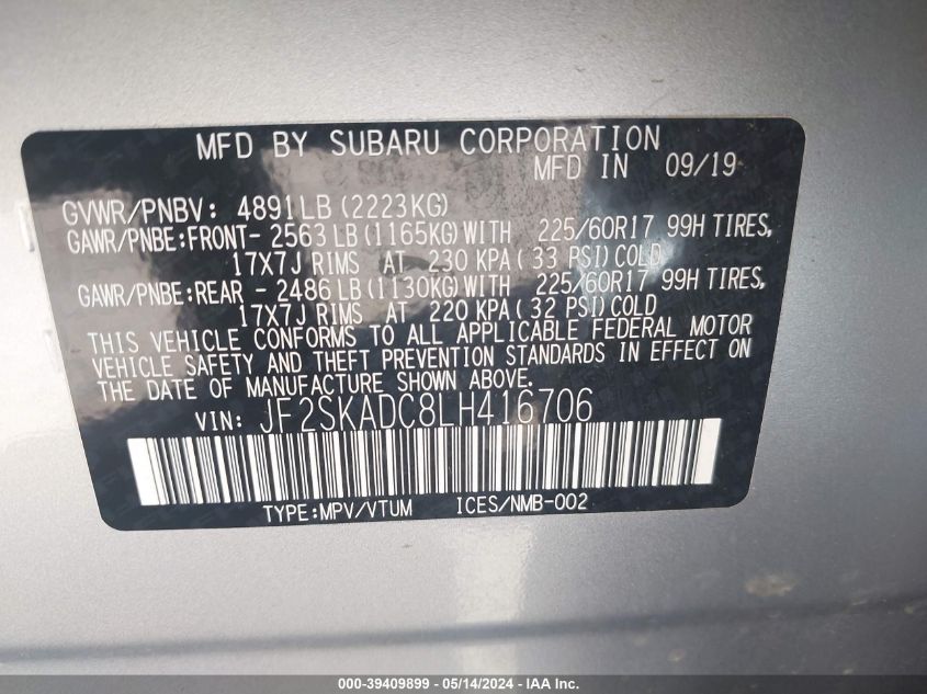 2020 Subaru Forester VIN: JF2SKADC8LH416706 Lot: 39409899