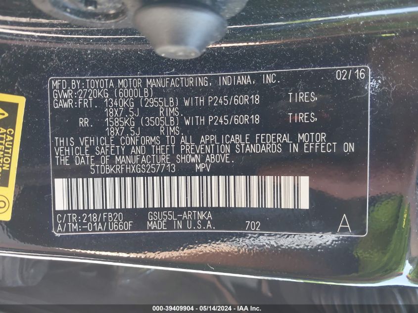 2016 Toyota Highlander Le V6 VIN: 5TDBKRFHXGS257713 Lot: 39409904