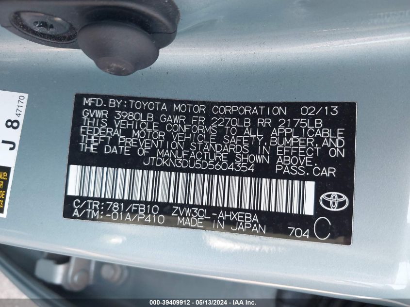 2013 Toyota Prius Two VIN: JTDKN3DU5D5604354 Lot: 39409912