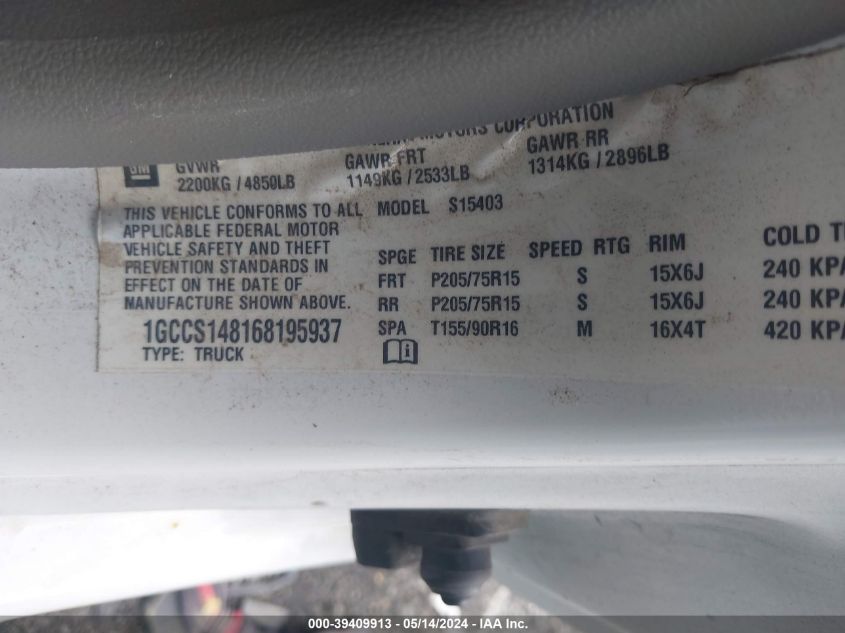 2006 Chevrolet Colorado Work Truck VIN: 1GCCS148168195937 Lot: 39409913