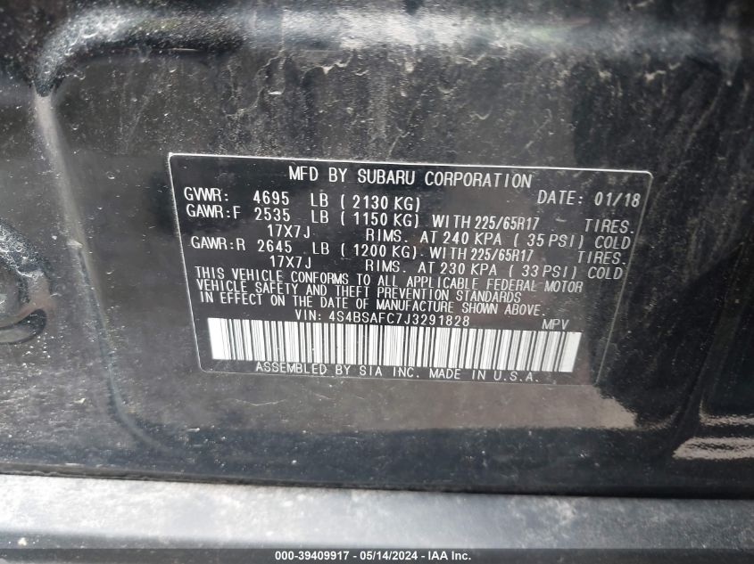 VIN 4S4BSAFC7J3291828 2018 SUBARU OUTBACK 2.5I PREMIUM