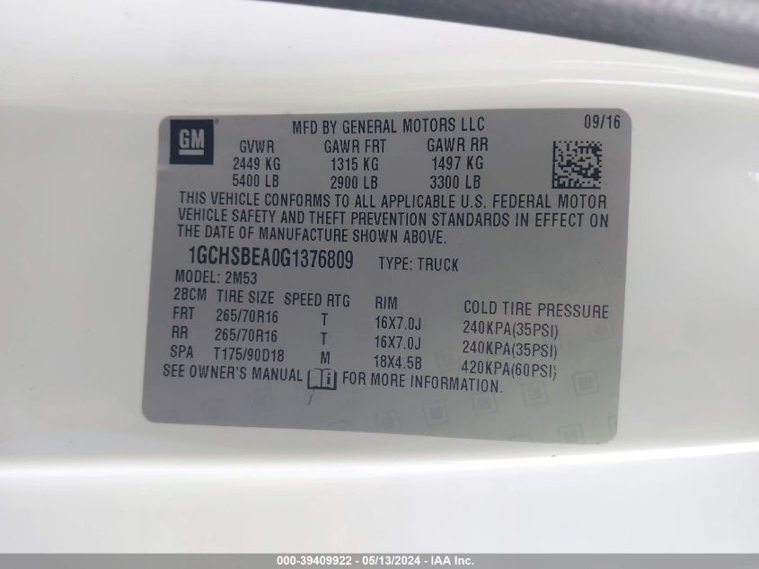 2016 Chevrolet Colorado Wt VIN: 1GCHSBEA0G1376809 Lot: 39409922