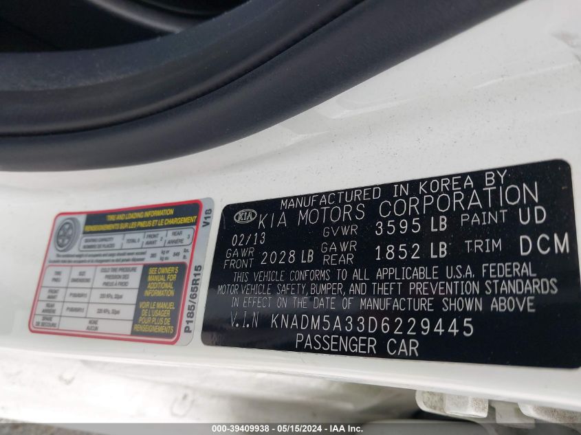 2013 Kia Rio Lx VIN: KNADM5A33D6229445 Lot: 39409938