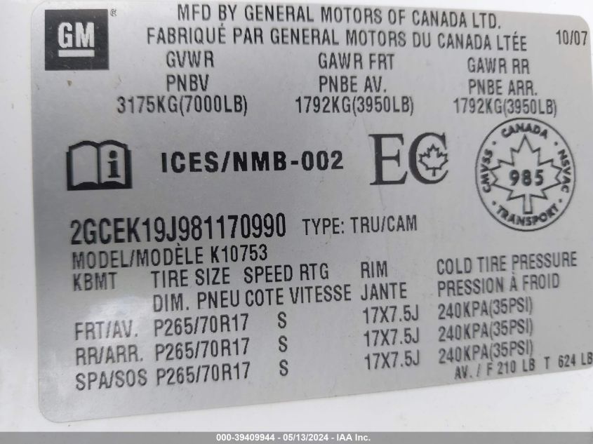 2008 Chevrolet Silverado 1500 Lt1/Lt2/Ltz/Work Truck VIN: 2GCEK19J981170990 Lot: 39409944