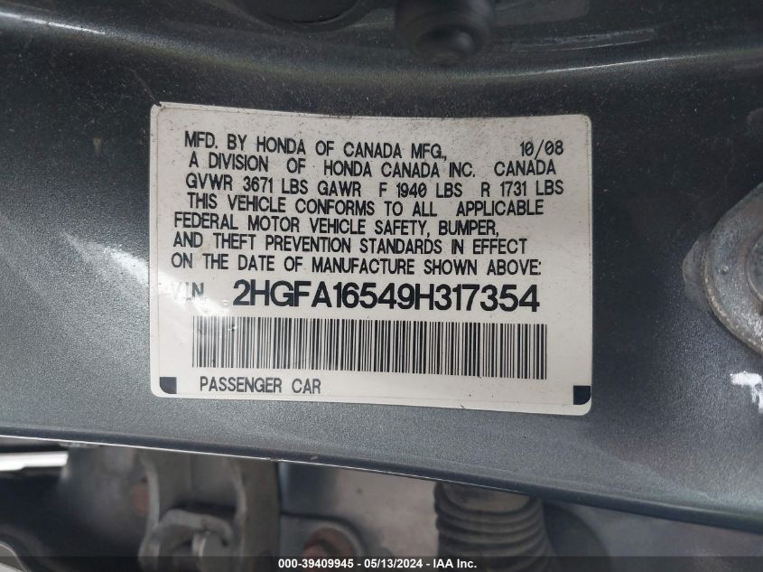 2009 Honda Civic Lx VIN: 2HGFA16549H317354 Lot: 39409945