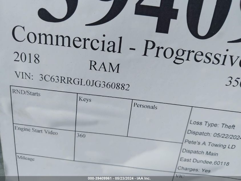 2018 Ram 3500 Tradesman 4X4 8' Box VIN: 3C63RRGL0JG360882 Lot: 39409961