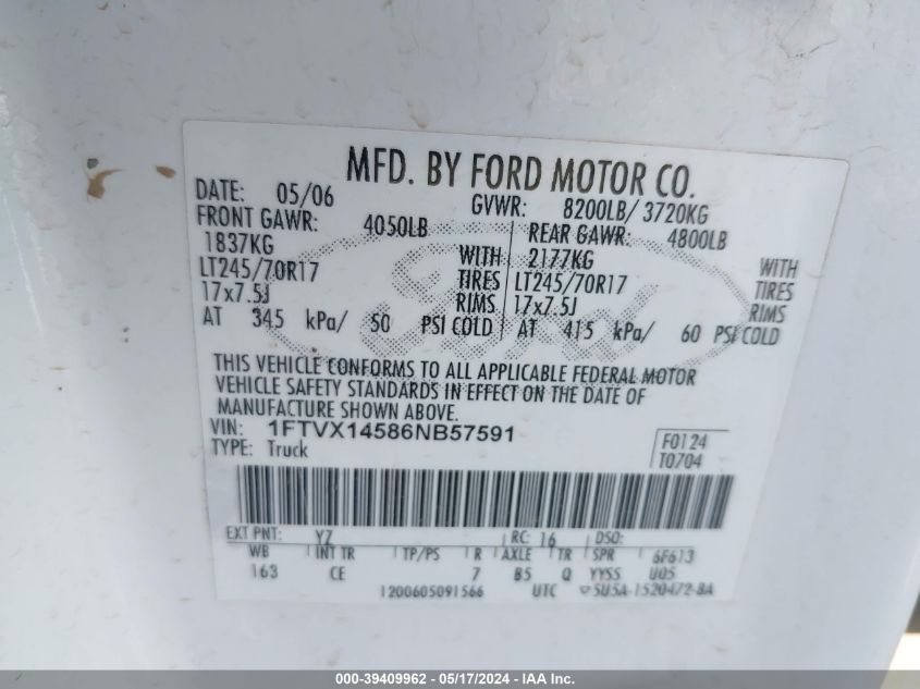 2006 Ford F-150 Fx4/Lariat/Xl/Xlt VIN: 1FTVX14586NB57591 Lot: 39409962