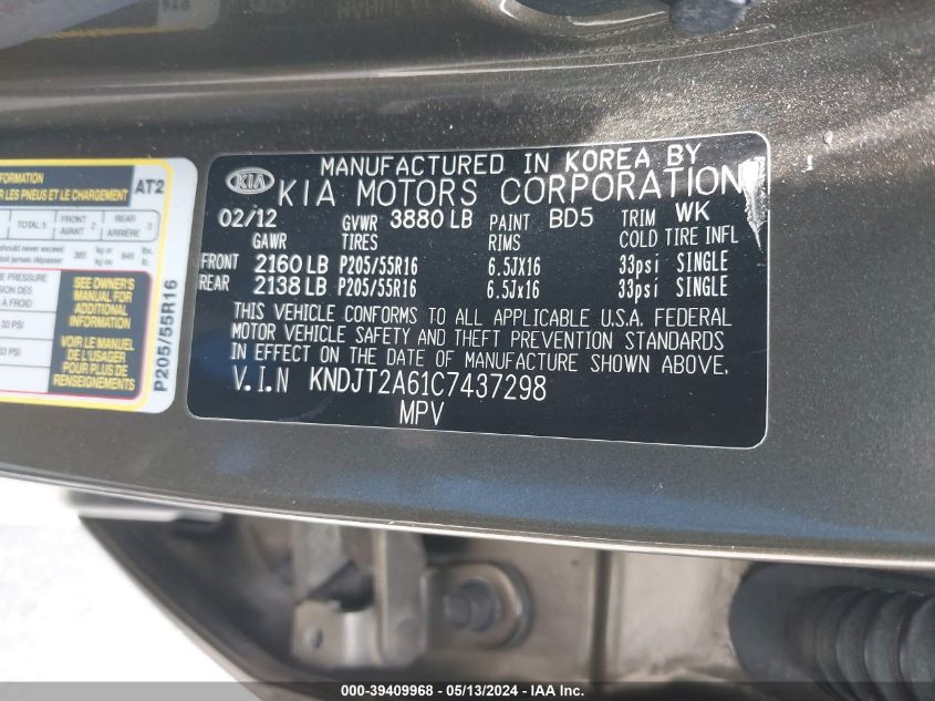 2012 Kia Soul + VIN: KNDJT2A61C7437298 Lot: 39409968