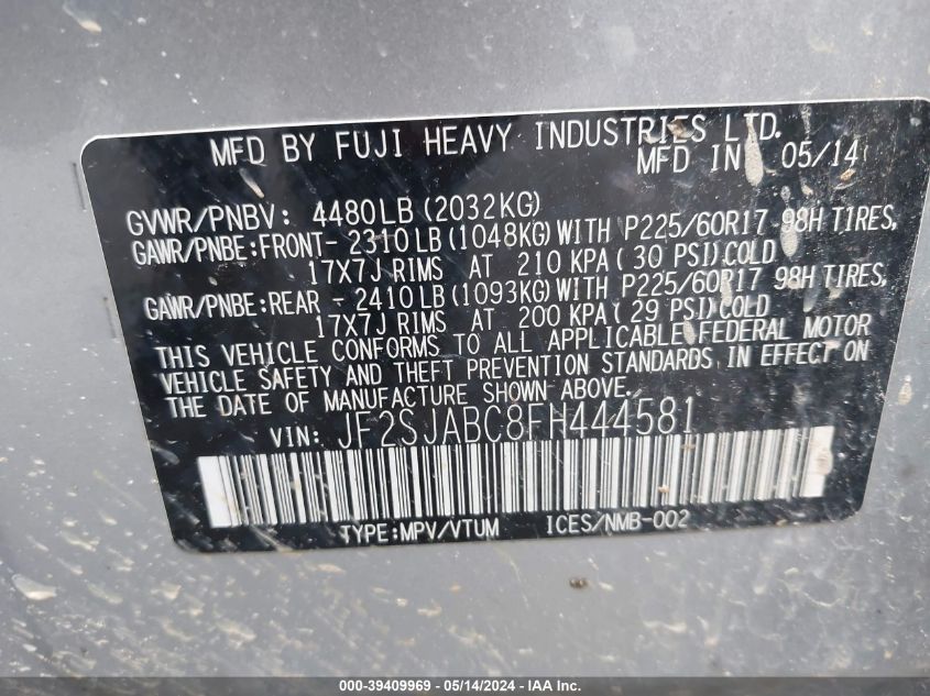 2015 Subaru Forester 2.5I VIN: JF2SJABC8FH444581 Lot: 39409969