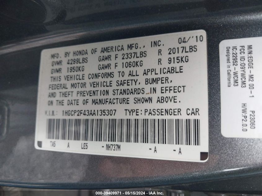 2010 Honda Accord 2.4 Lx-P VIN: 1HGCP2F43AA135307 Lot: 39409971