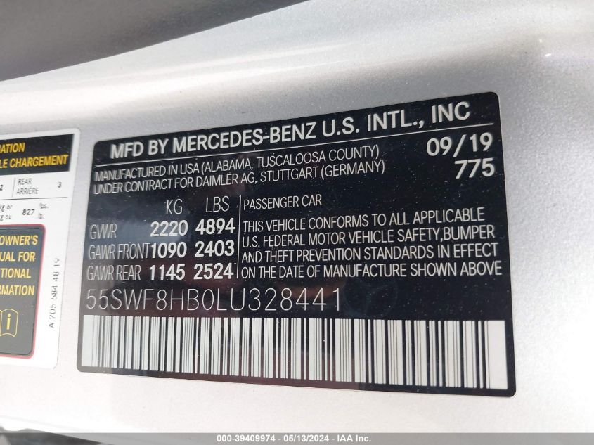 2020 Mercedes-Benz Amg C 63 S VIN: 55SWF8HB0LU328441 Lot: 39409974