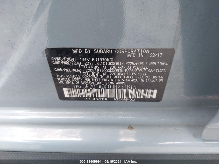 2018 Subaru Crosstrek Premium VIN: JF2GTADC0JH231615 Lot: 39409991