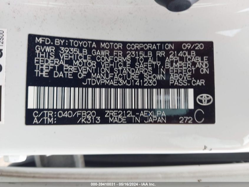 2021 TOYOTA COROLLA LE - JTDVPMAE3MJ141230