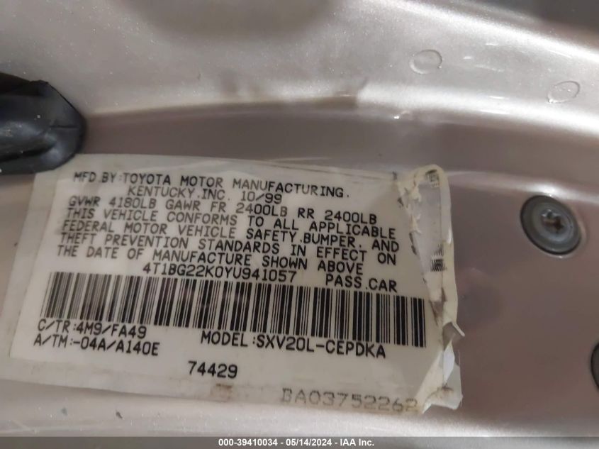 2000 Toyota Camry Ce VIN: 4T1BG22K0YU941057 Lot: 39410034