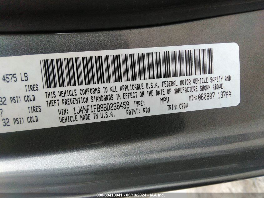 2011 Jeep Compass Sport VIN: 1J4NF1FB8BD238459 Lot: 39410041