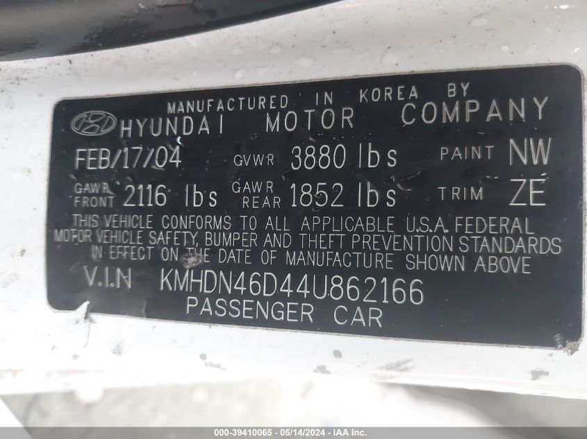 2004 Hyundai Elantra Gls/Gt VIN: KMHDN46D44U862166 Lot: 39410065