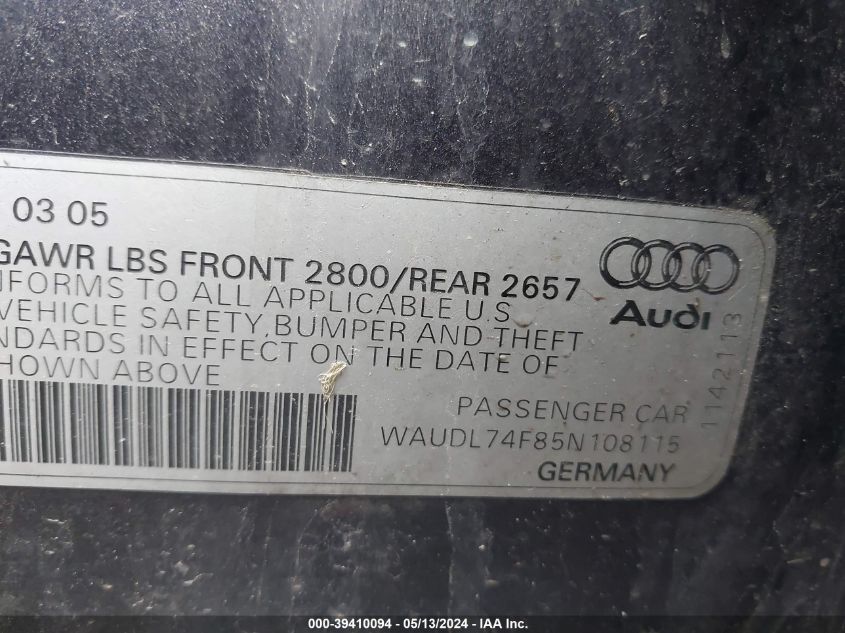 2005 Audi A6 4.2 VIN: WAUDL74F85N108115 Lot: 39410094