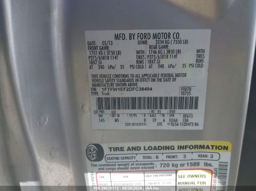 2013 Ford F-150 Xlt VIN: 1FTFW1EF2DFC38494 Lot: 39410112