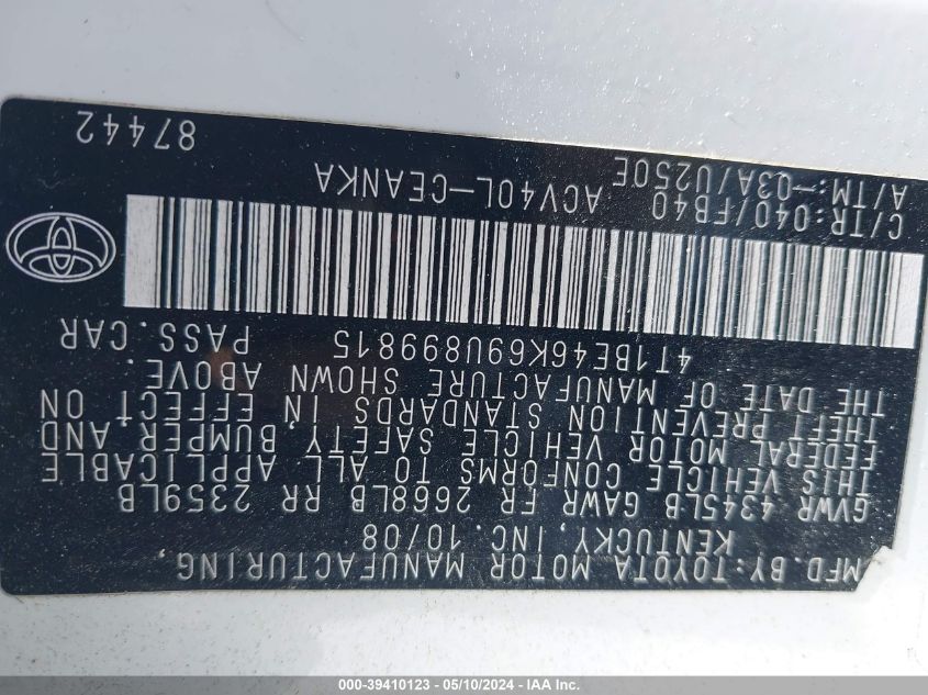 2009 Toyota Camry Le VIN: 4T1BE46K69U899815 Lot: 39410123