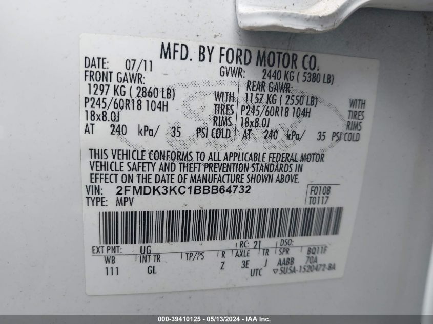 2011 Ford Edge Limited VIN: 2FMDK3KC1BBB64732 Lot: 39410125