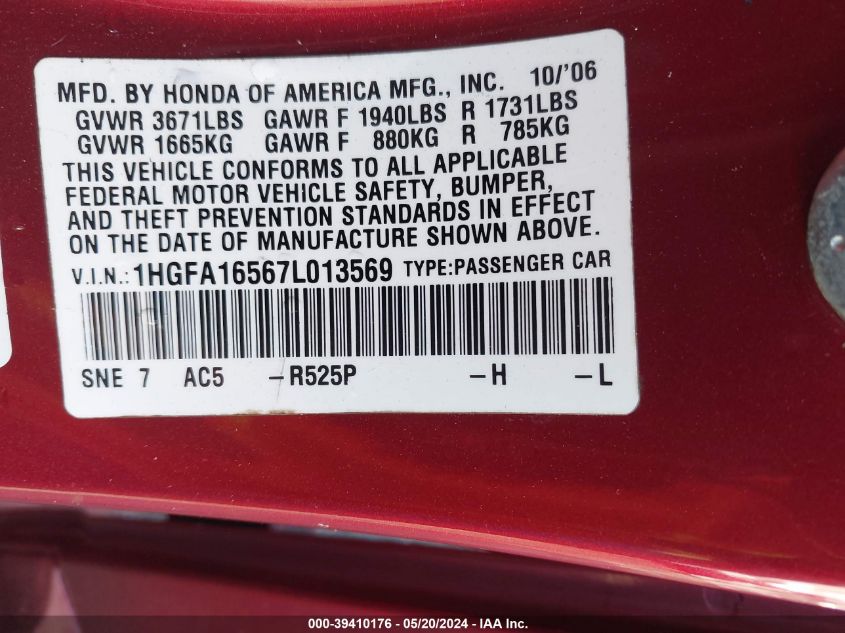 2007 Honda Civic Lx VIN: 1HGFA16567L013569 Lot: 39410176