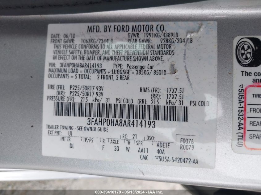 2010 Ford Fusion Se VIN: 3FAHP0HA8AR414193 Lot: 39410179