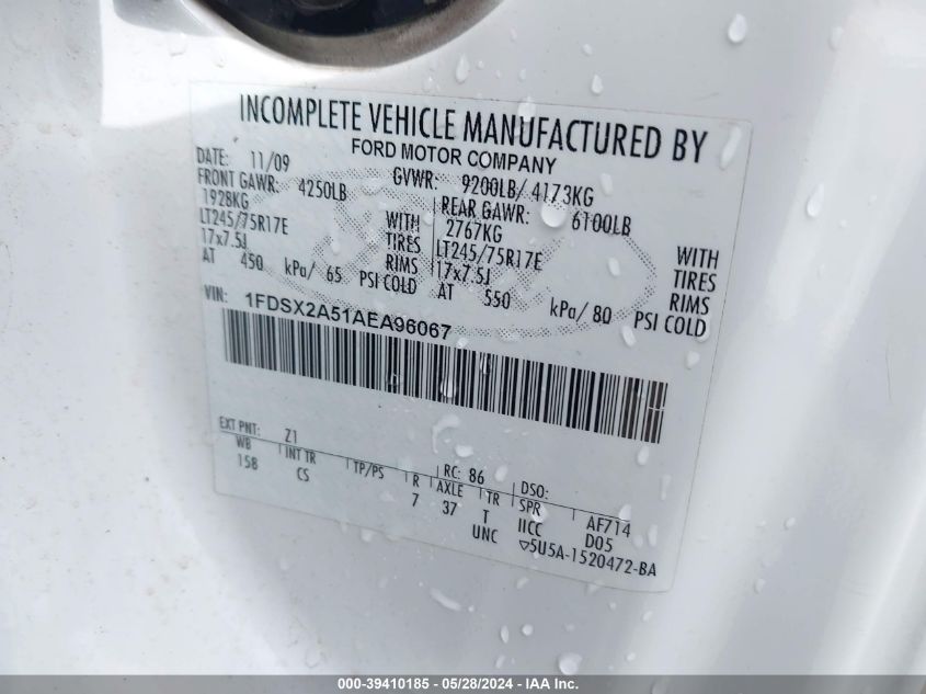 2010 Ford F-250 Xl/Xlt VIN: 1FDSX2A51AEA96067 Lot: 39410185