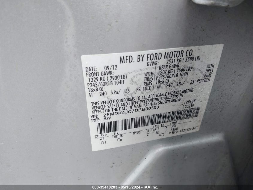 2013 Ford Edge Sel VIN: 2FMDK4JC7DBB00303 Lot: 39410203