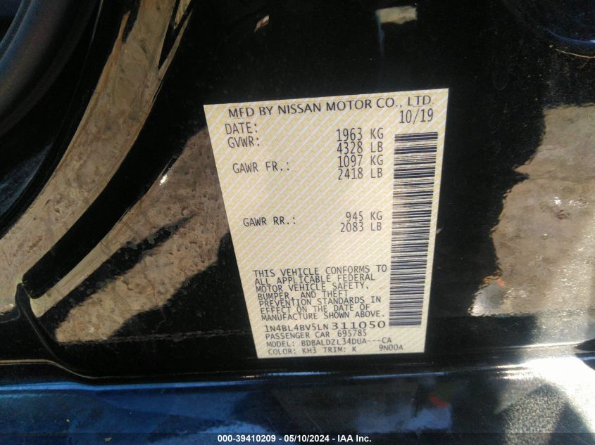 2020 Nissan Altima S Fwd VIN: 1N4BL4BV5LN311050 Lot: 39410209