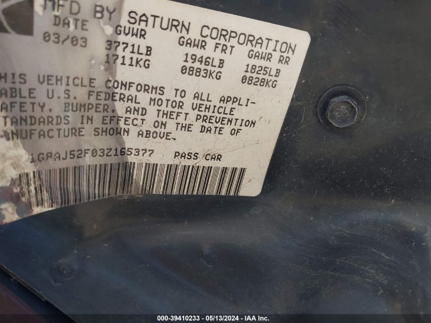 2003 Saturn Ion 2 VIN: 1G8AJ52F03Z165377 Lot: 39410233