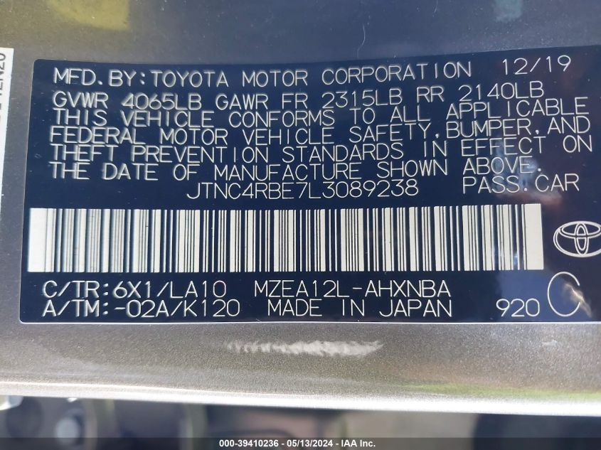 2020 Toyota Corolla Xse VIN: JTNC4RBE7L3089238 Lot: 39410236