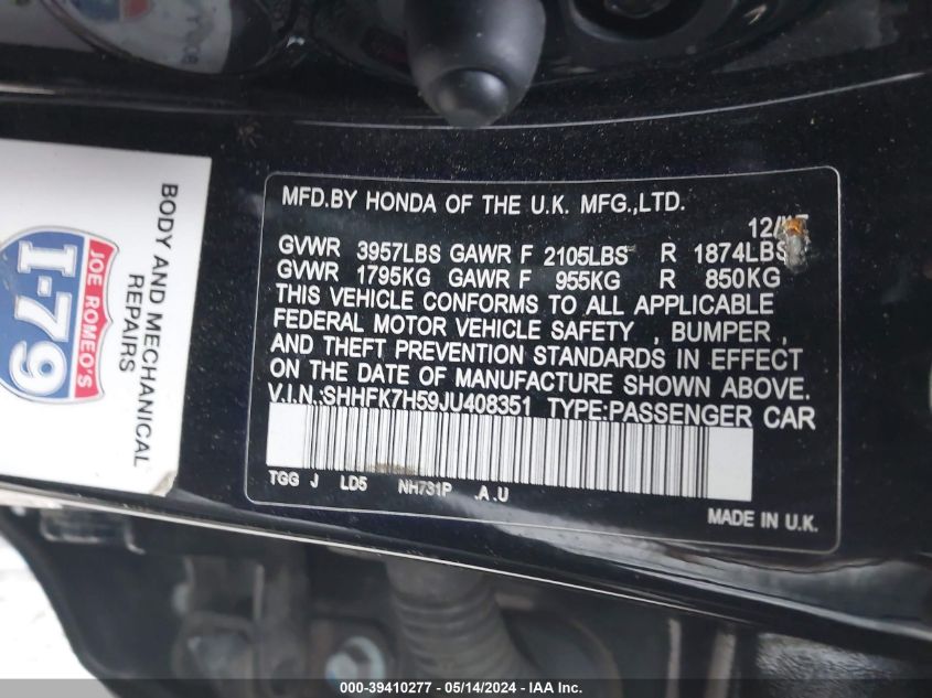 2018 Honda Civic Ex VIN: SHHFK7H59JU408351 Lot: 39410277