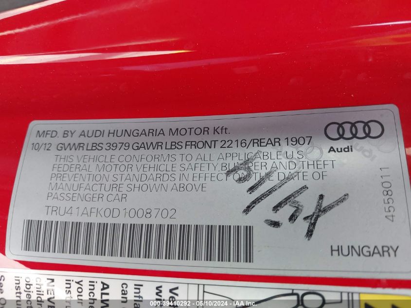 2013 Audi Tts 2.0T Premium Plus VIN: TRU41AFK0D1008702 Lot: 39410292