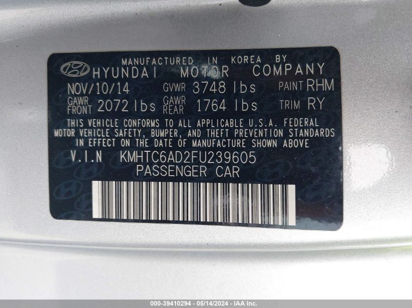 2015 Hyundai Veloster VIN: KMHTC6AD2FU239605 Lot: 39410294