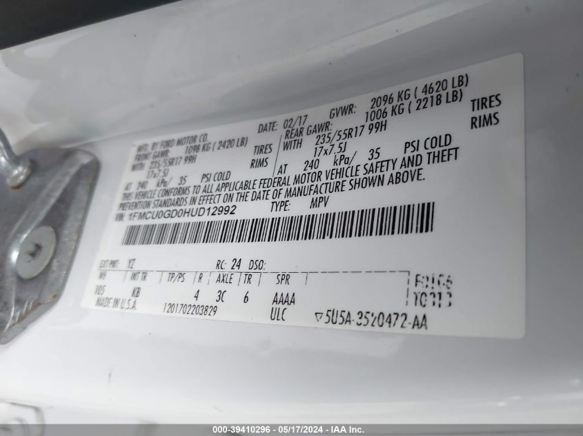 2017 Ford Escape Se VIN: 1FMCU0GD0HUD12992 Lot: 39410296