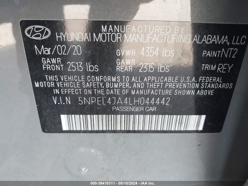 2020 Hyundai Sonata Sel VIN: 5NPEL4JA4LH044442 Lot: 39410311