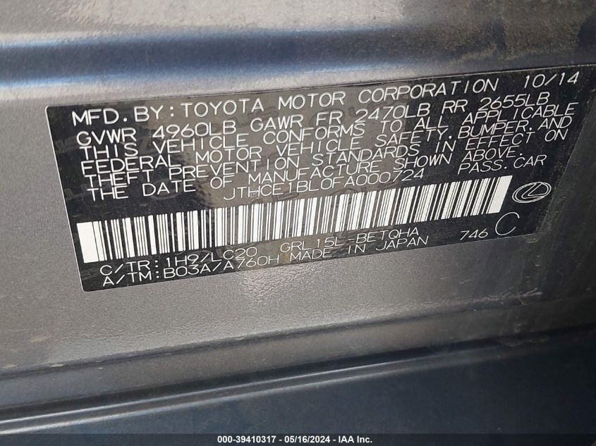 2015 Lexus Gs 350 VIN: JTHCE1BL0FA000724 Lot: 39410317